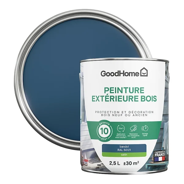 Castorama Peinture Bois Extérieur GoodHome Bandol Bleu Satin 2.5L magasins pas chers 1
