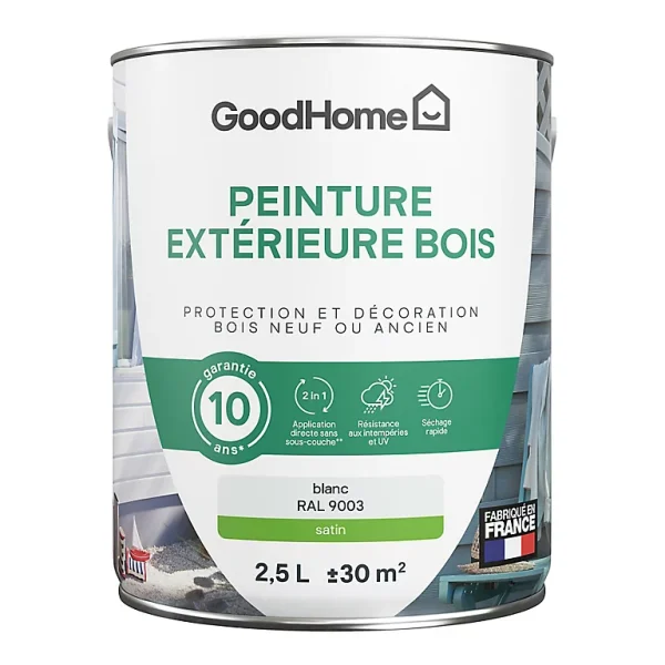 livraison la plus rapide Castorama Peinture Bois Extérieur GoodHome Blanc Satin 2.5L 1