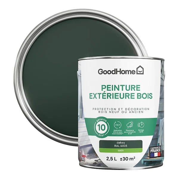 Castorama Peinture Bois Extérieur GoodHome Dalkey Vert Satin 2.5L Satisfait ou Remboursé 1