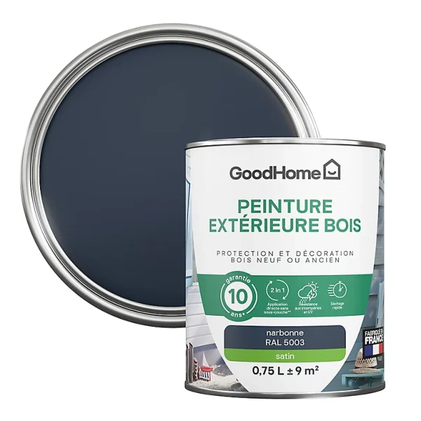 Castorama Peinture Bois Extérieur GoodHome Narbonne Bleu Satin 0.75L pas cher 1