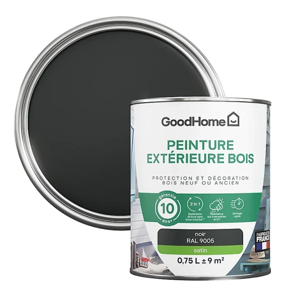 meilleur cadeau Castorama Peinture Bois Extérieur GoodHome Noir Satin 0.75L 1